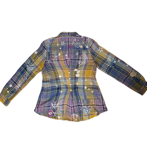 Johnny Was Workshop Plaid Embroidered Button Down Shirt Boho Floral Stars Sz S - Picture 8 of 13
